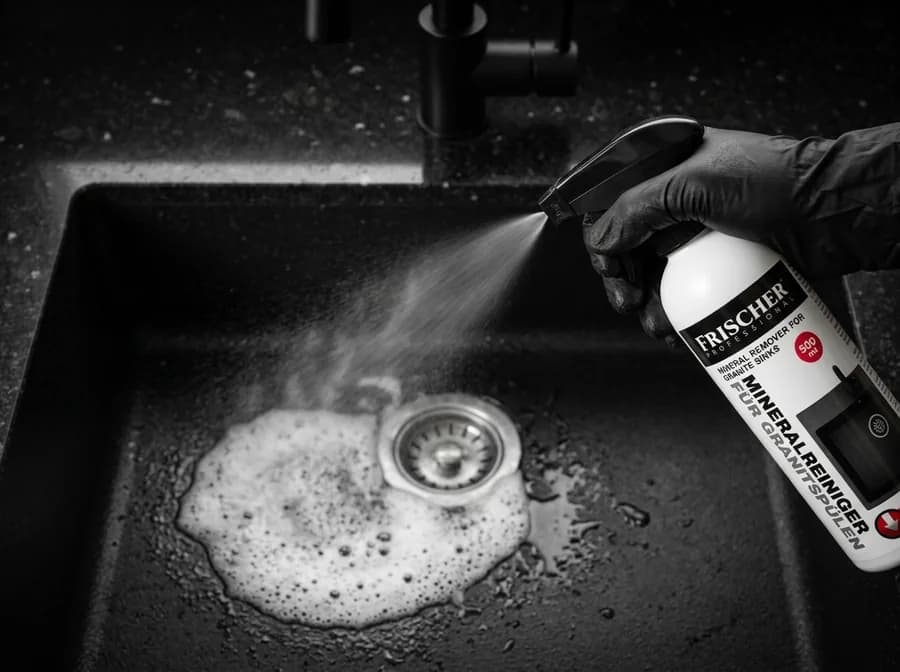 Nakładanie mineralnego odkamieniającego sprayu Frischer na czarny zlew granitowy
